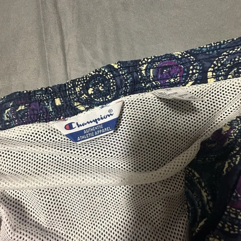 Vintage 90s Champion Swim Trunks Mens 3XL Lined Shorts Retro Swirl Print Navy